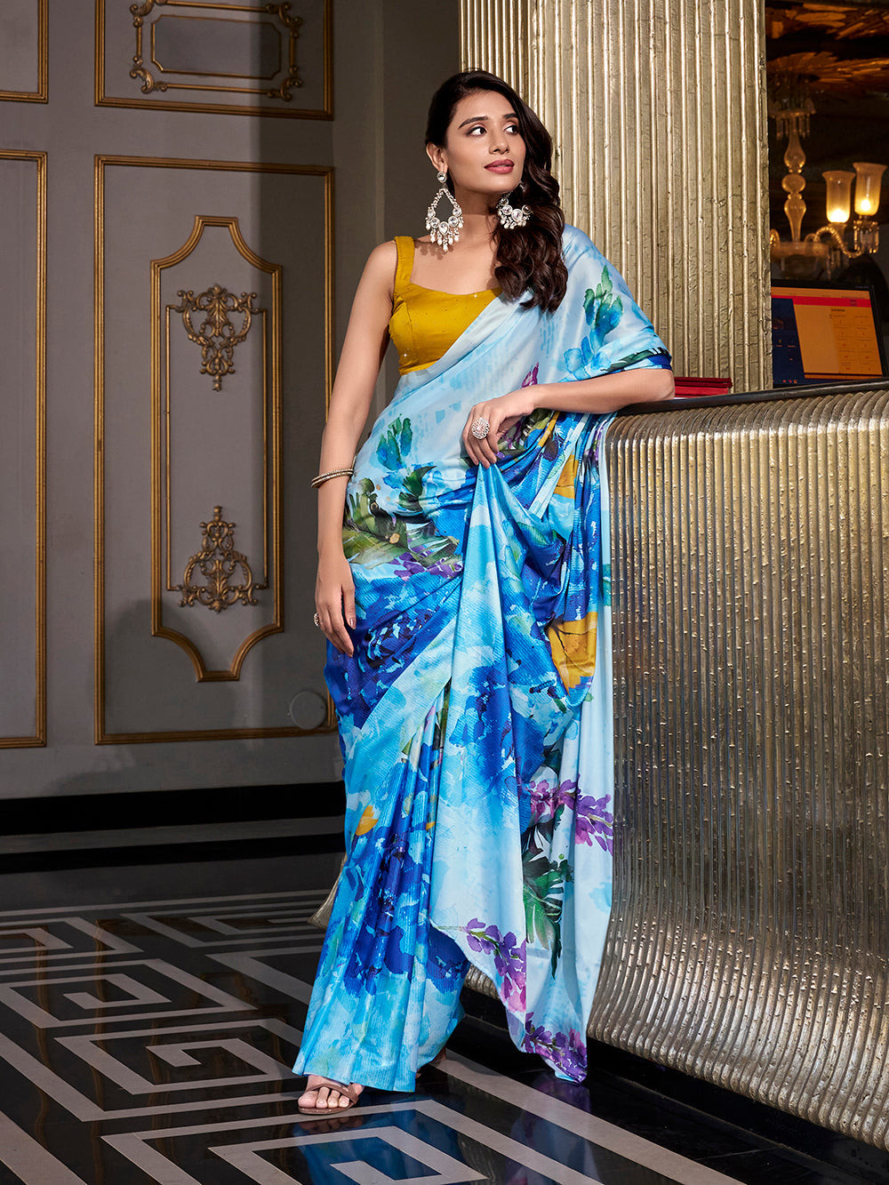 Sky blue printed satin silk saree
