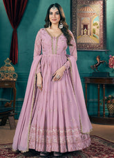 Faux Georgette Anarkali Long Gown with Silk Crepe Lining and Metallic Multi Foil Work In Pink