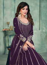 Faux Georgette Embroidered Anarkali Dress In Purple