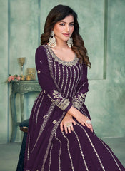 Faux Georgette Embroidered Anarkali Dress In Purple