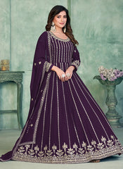 Faux Georgette Embroidered Anarkali Dress In Purple