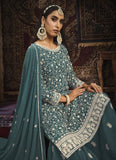 Faux Georgette Embroidered Palazzo Salwar Suit In Teal