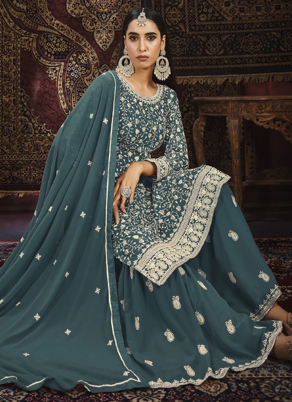 Faux Georgette Embroidered Palazzo Salwar Suit In Teal
