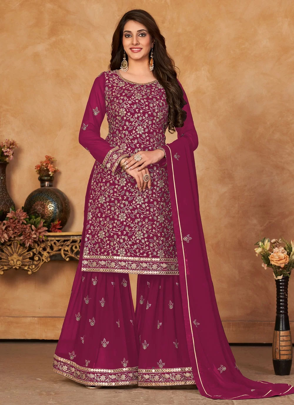 Faux Georgette Embroidered Sharara Set In Magenta