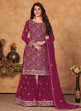 Faux Georgette Embroidered Sharara Set In Magenta