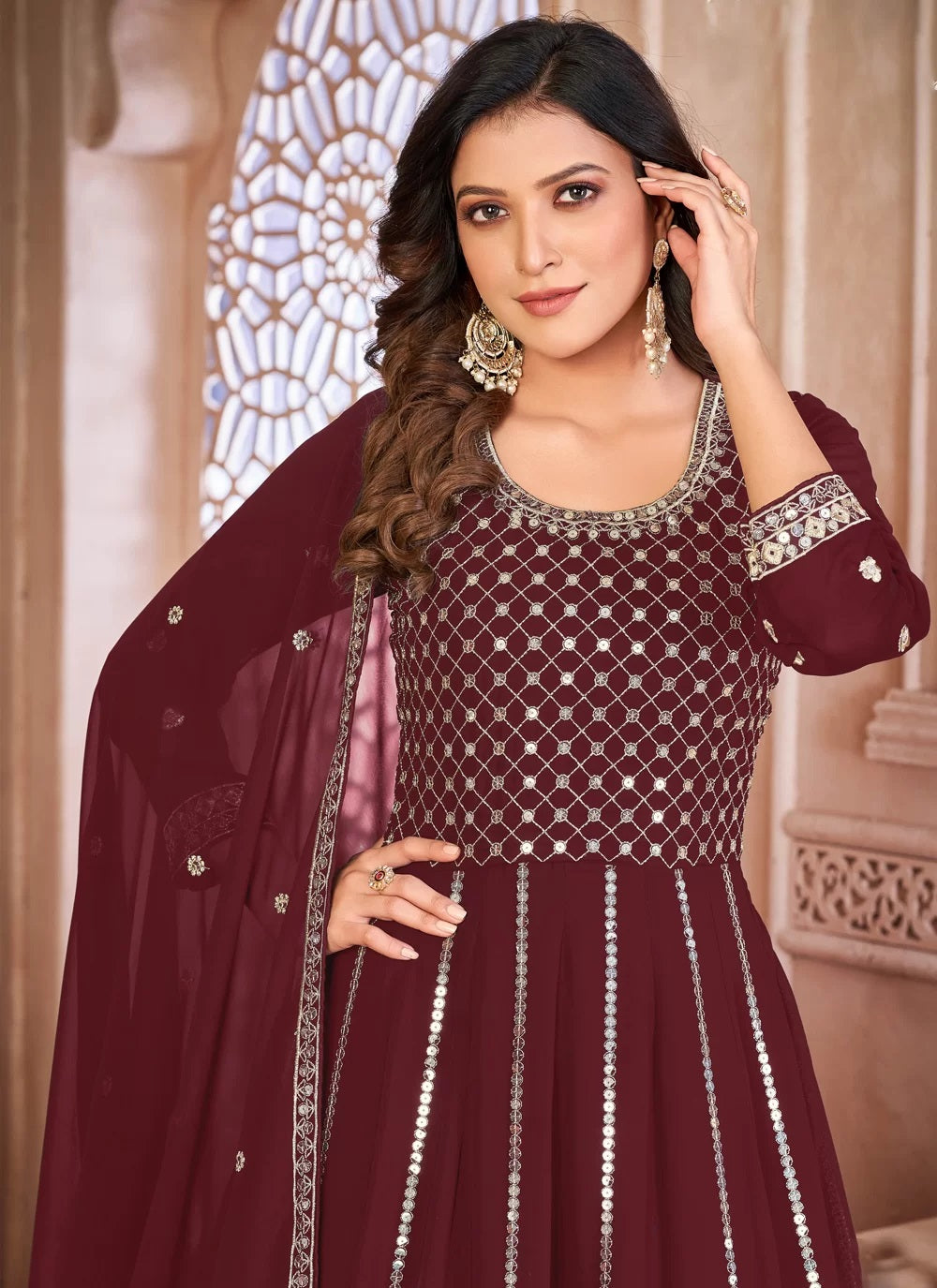 Faux Georgette Sequins Embroidered Indian Wedding Anarkali Suit