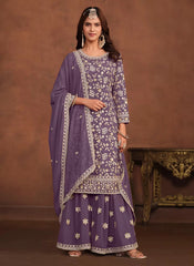 Faux Georgette Sequins Embroidered Sharara Suit In Purple