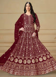 Maroon Embroidered Faux Georgette Eid Pakistani Anarkali Suit with Dupatta