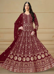 Maroon Embroidered Faux Georgette Eid Pakistani Anarkali Suit with Dupatta