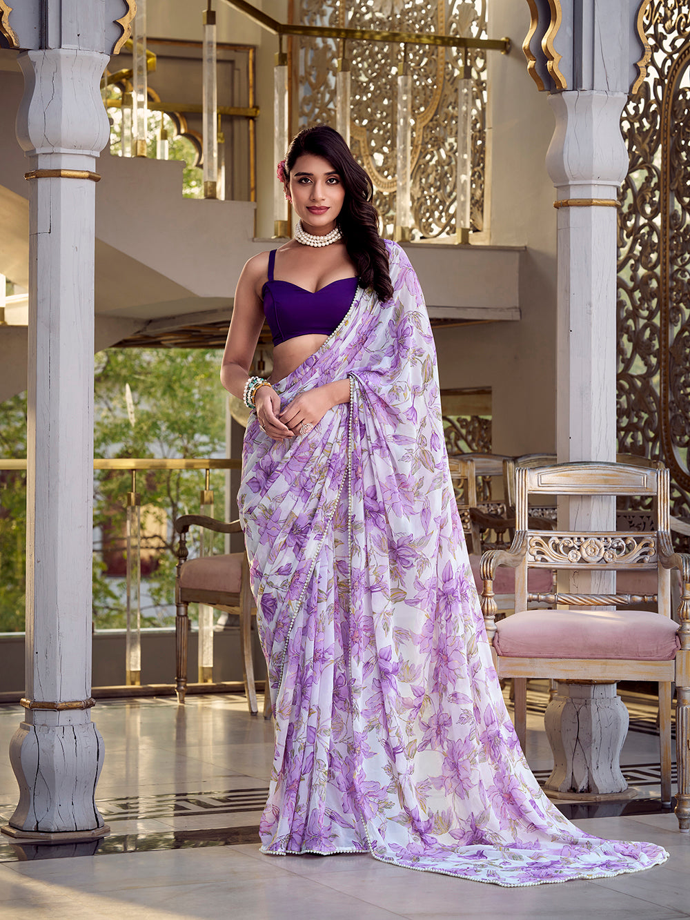 Lavender floral print marble saree