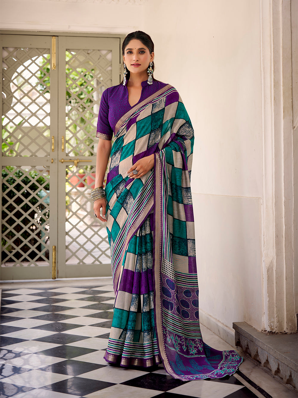 Purple viscose chanderi check print saree