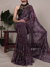 Wine color lurex brasso saree with floral work