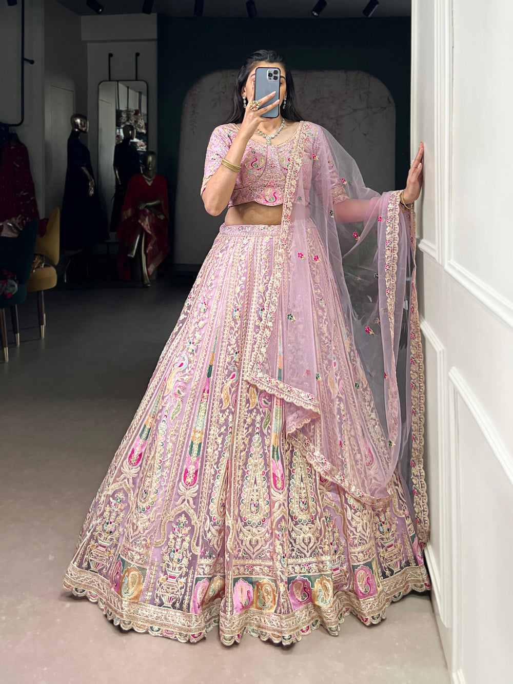 Lavender Net Lehenga with Sequins Embroidery