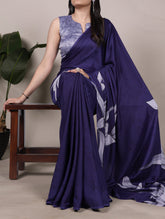 Navy blue satin silk saree with floral print