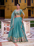 Sky Blue Color Sequince And Thread Embroidery Work Zari Shimmer Lehenga Choli