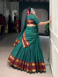 Teal Semi-Stitched Chanderi Lehenga