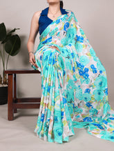 Firozi dull satin floral printed saree