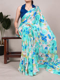 Firozi dull satin floral printed saree