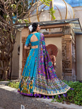 Firozi Color Kalamkari Print With Foil Work Tussar Silk Lehenga Choli
