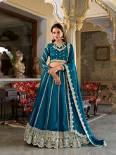 Firozi Color Sequins And Thread Embroidery Work Vichitra Silk Lehenga Choli