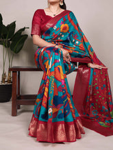 Firozi tussar silk saree with zari border