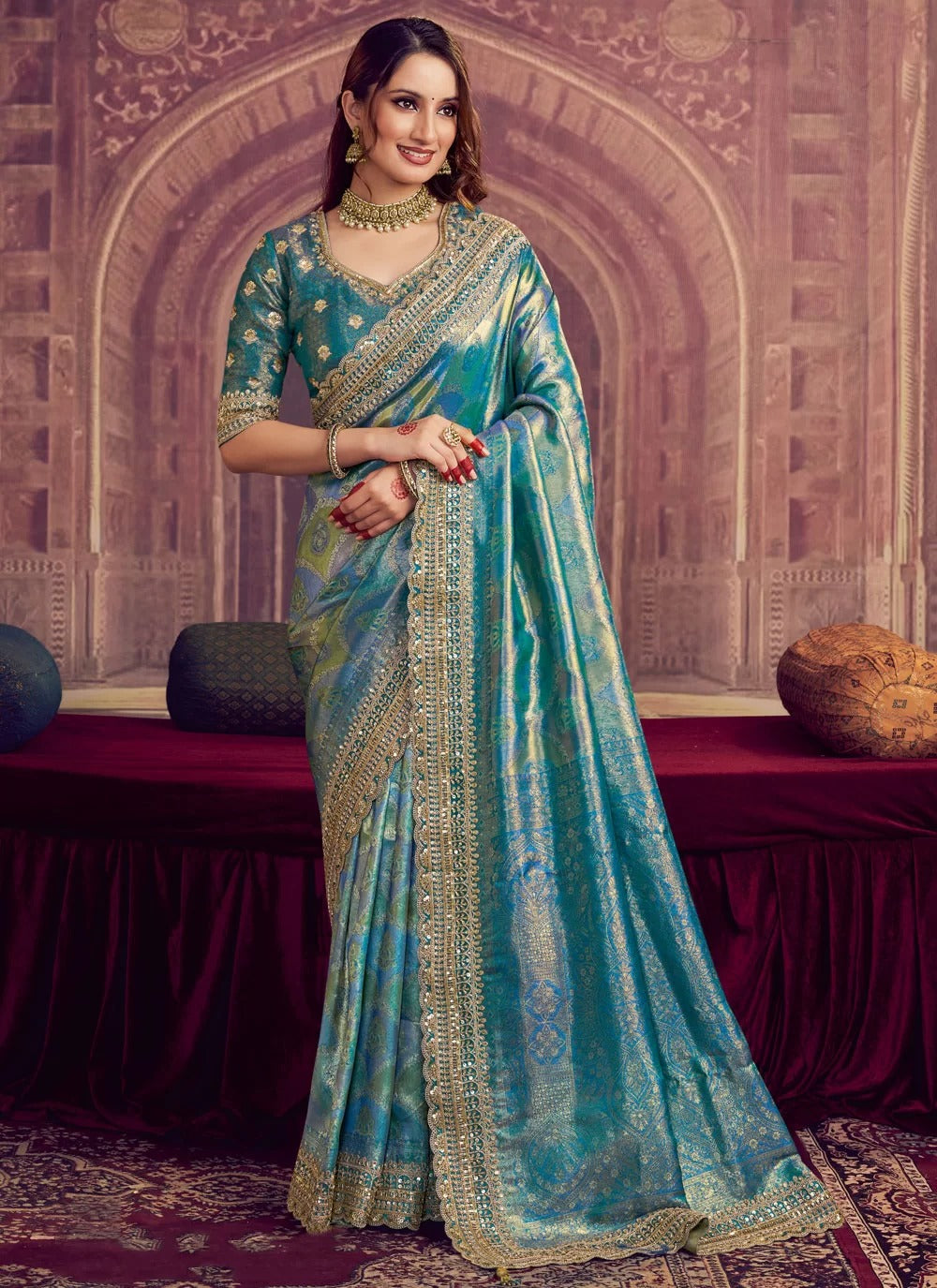 Firozi Pure Zari Silk Kanjivaram Saree with Meena, Sequence and Bead Embroidery for Weddings