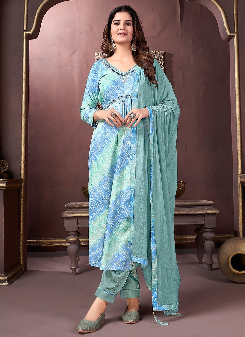 Firozi Riyon Kurti Long Design In Handwork
