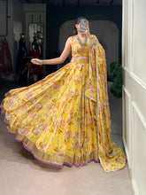 Yellow Floral & Foil Print Chiffon Lehenga Choli
