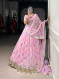Baby Pink Floral Printed Tubby Silk Lehenga Choli