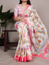 Off white floral printed Tasar silk saree