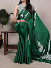 Green satin silk saree with floral print