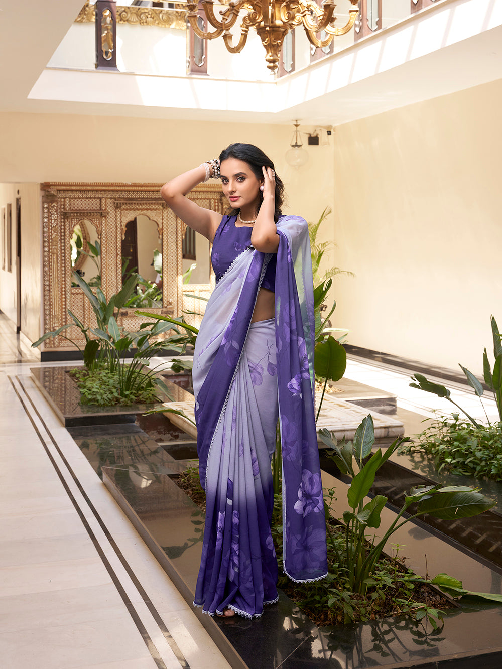 Purple floral printed marbal saree