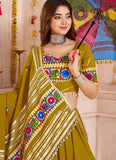 Fluorescent green dupatta with mirror embroidery and lace border
