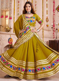 Fluorescent green garba dress lehenga choli full outfit view