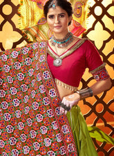 Fluorescent Green Mirror Work Navratri Chaniya Choli with Red Thread-Lace Blouse