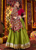 Fluorescent Green Mirror Work Navratri Chaniya Choli with Red Thread-Lace Blouse