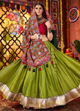 Fluorescent Green Mirror Work Navratri Chaniya Choli with Red Thread-Lace Blouse