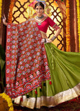 Fluorescent Green Mirror Work Navratri Chaniya Choli with Red Thread-Lace Blouse