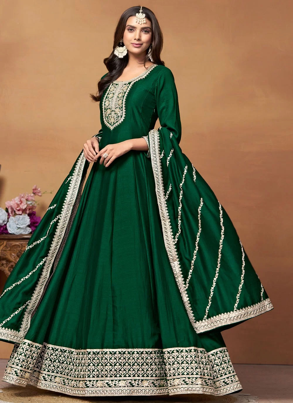 Function Wear Green Embroidered Anarkali for Women
