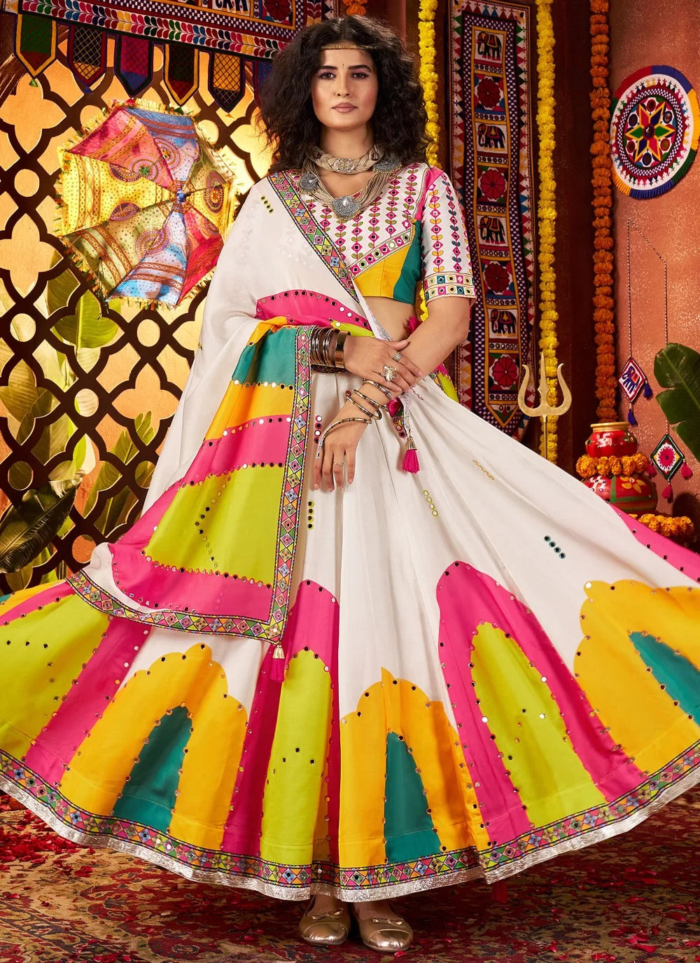 White Gajji silk mirror work chaniya choli