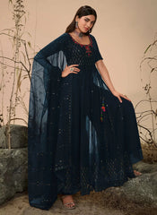 Georgette Embroidery Salwar Kameez Teal Blue
