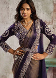 Golden & Purple Metallic Gold Satin Ready To Wear Saree with Pearl & Stone Work
