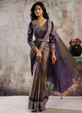 Golden Purple Ready To Wear Saree in Metallic Gold Satin