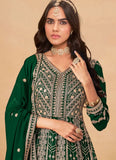 Green abaya style suit in faux georgette with front and back embroidery work