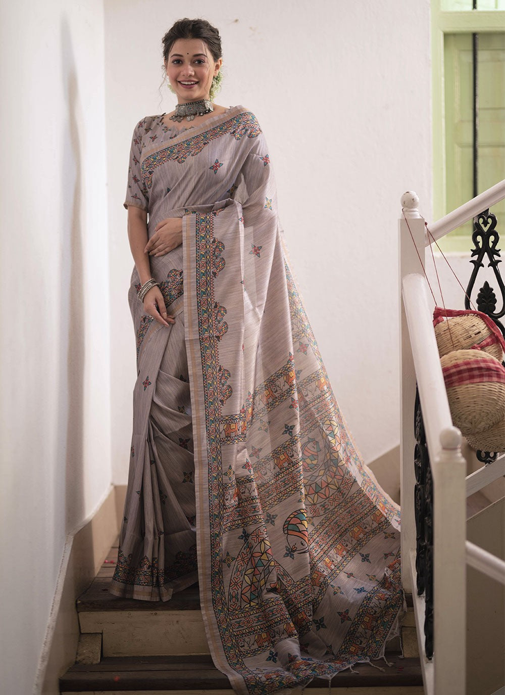 Graceful Grey Tussar Silk Saree with Madhubani Print Border