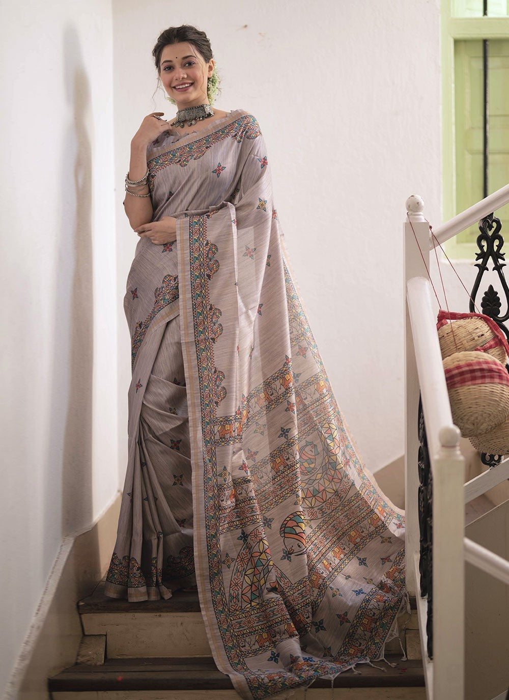 Graceful Grey Tussar Silk Saree with Madhubani Print Border