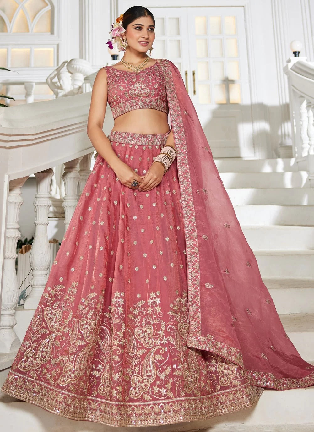 Pink Golden Tissue Lehenga | Sequins & Embroidery – Designer Wedding Lehenga