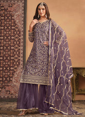 Graceful Purple Embroidered Net Sharara Suit With Net Dupatta