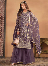 Graceful Purple Embroidered Net Sharara Suit With Net Dupatta
