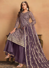 Graceful Purple Embroidered Net Sharara Suit With Net Dupatta
